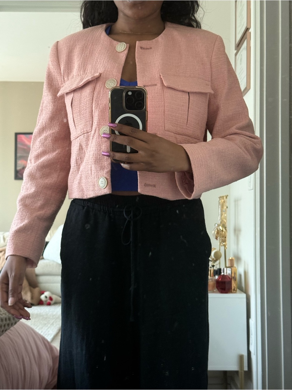 ZARA Light Pink Cropped Tweed Blazer